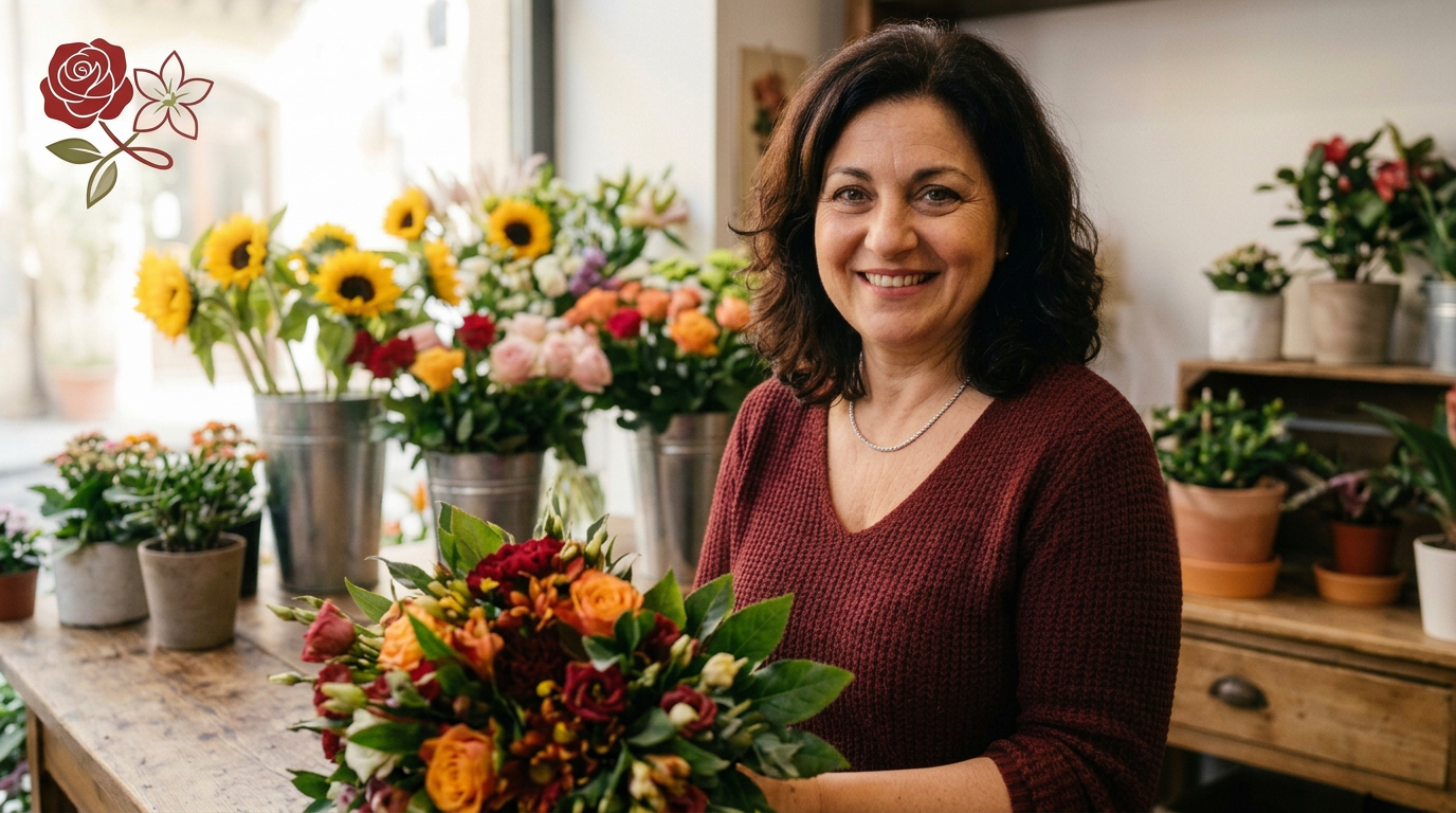 Ritratto solare di Luisa, donna matura di 50 anni, sorridente dietro il bancone del suo negozio di fiori a Palermo.