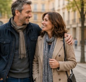 Uomo e donna matura durante un appuntamento dopo essersi conosciuti online