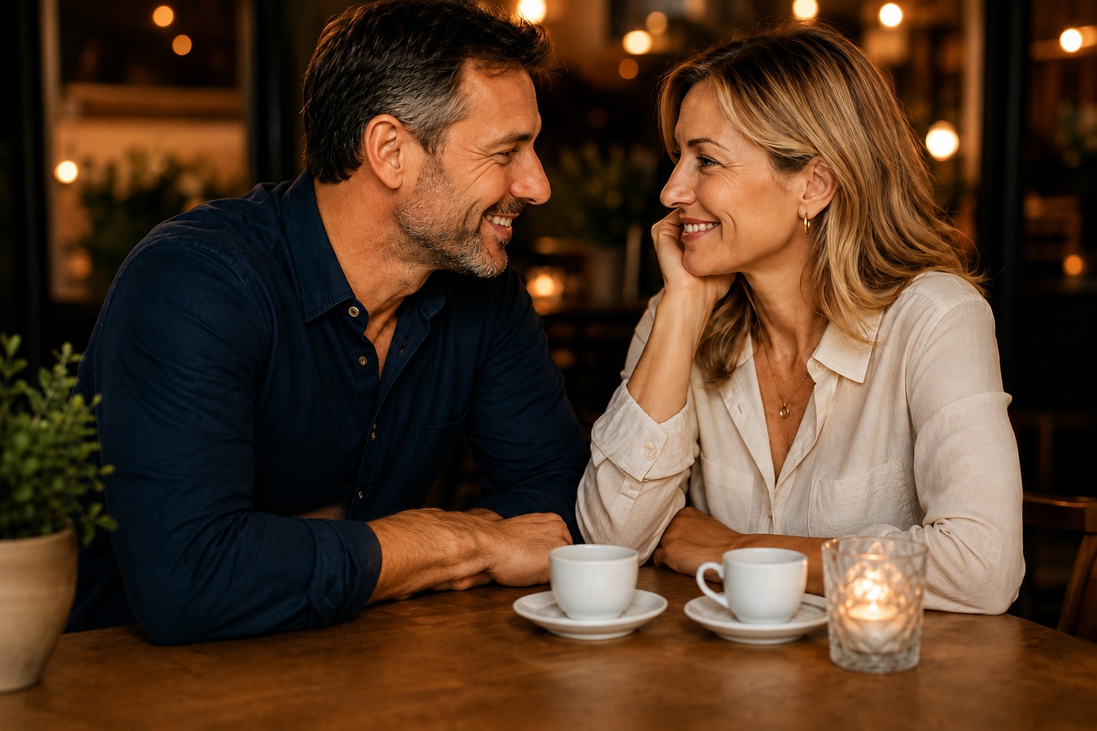 Uomo che incontra una donna matura in un caffè dopo essersi conosciuti online